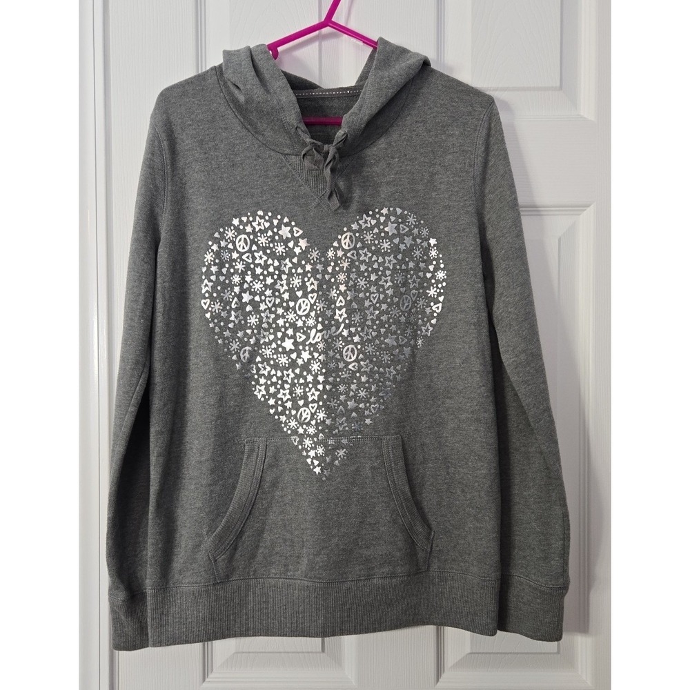 Xhilaration Womans Hoodie L/S with Heart Decals. Size Large. Grey & Silverâ